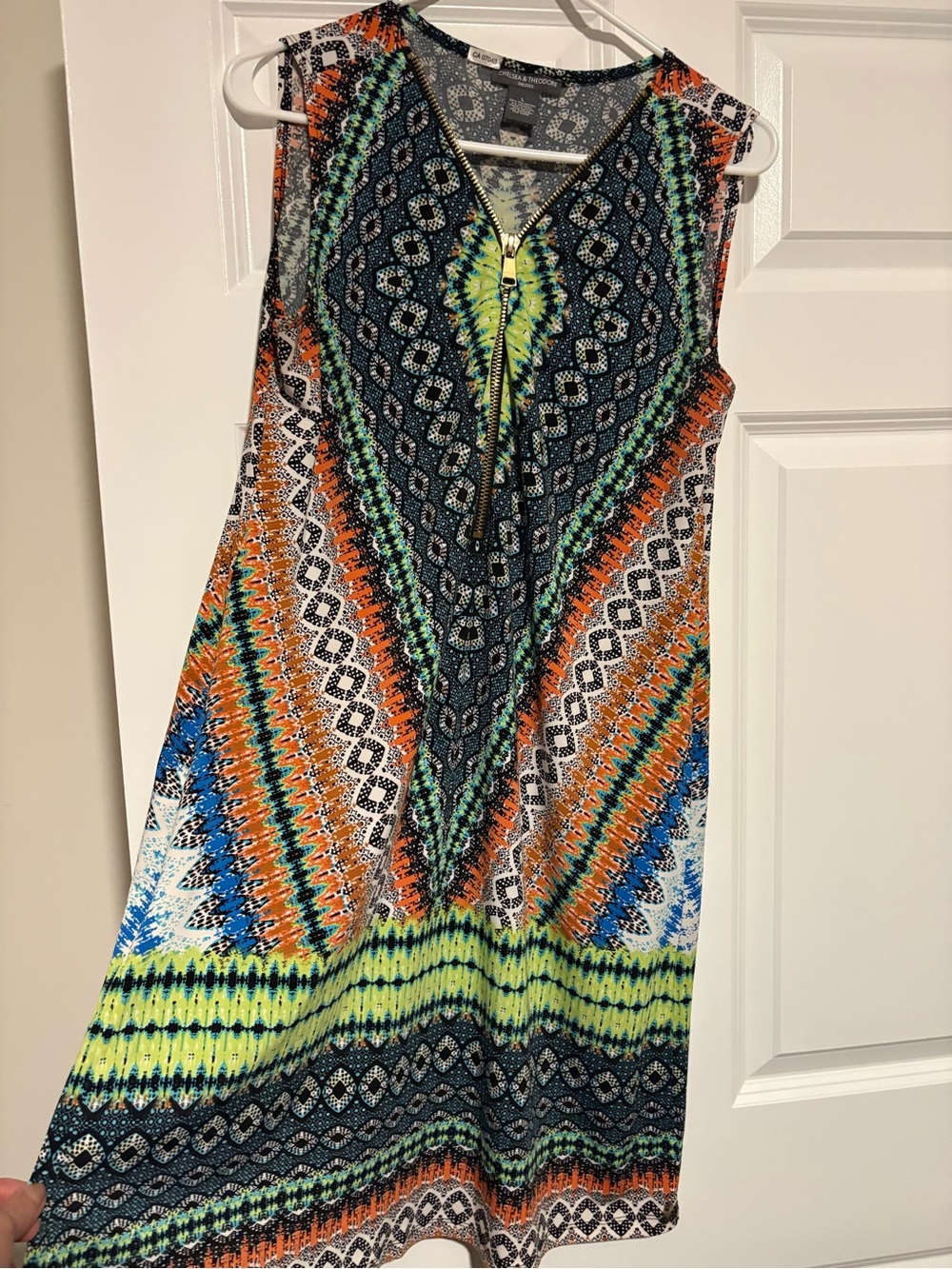 Chelsea & Theodore Neon Green, Orange & Blue V-Neck Zip Sleeveless Mini Dress